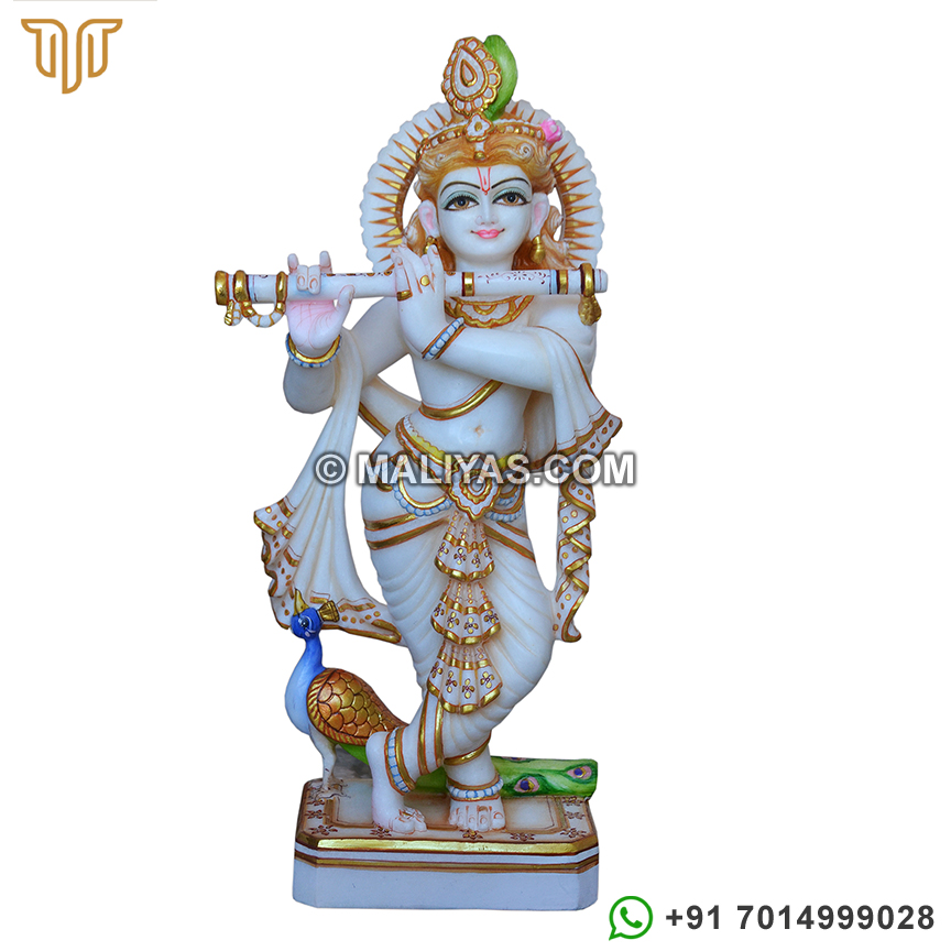  Golden work Krishna Statue from White makrana Marble