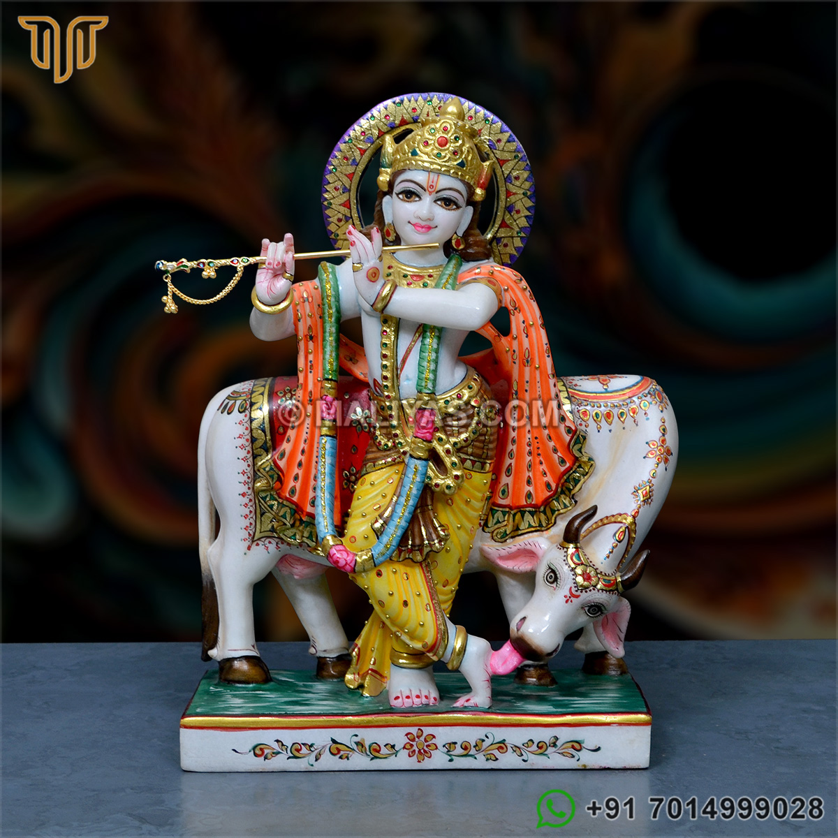 Marble Lord Krishna Statue with cow