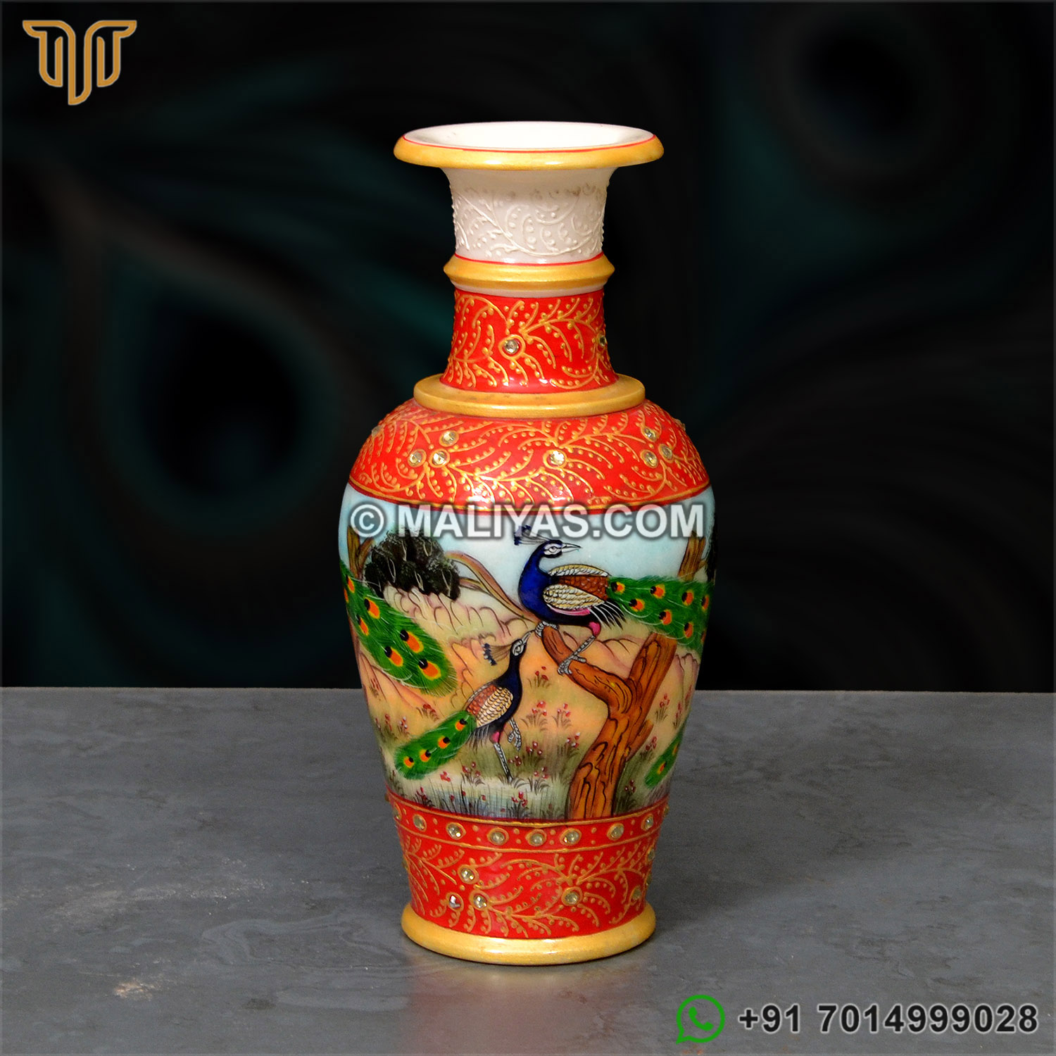Marble Vase with Peacock Painting
