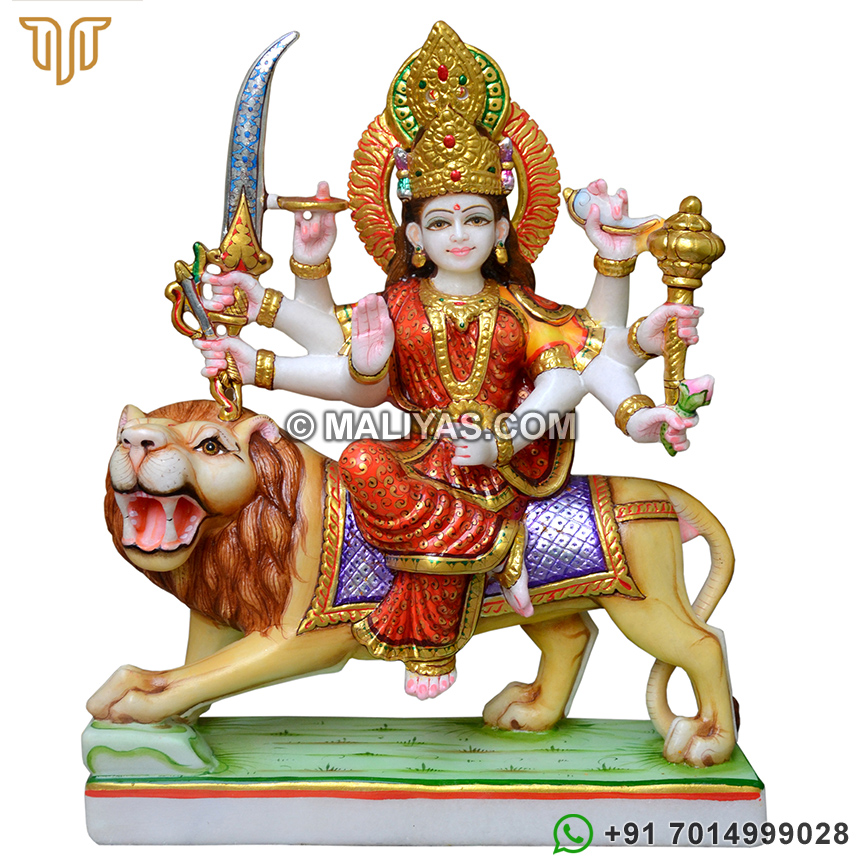 Colourful Marble Goddess Durga Statue from Marble