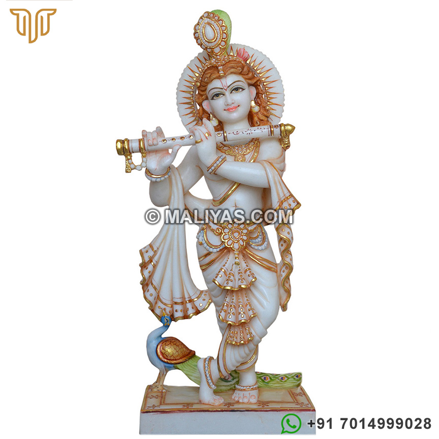 Exquisite Krishna with peacock Statue in Marble