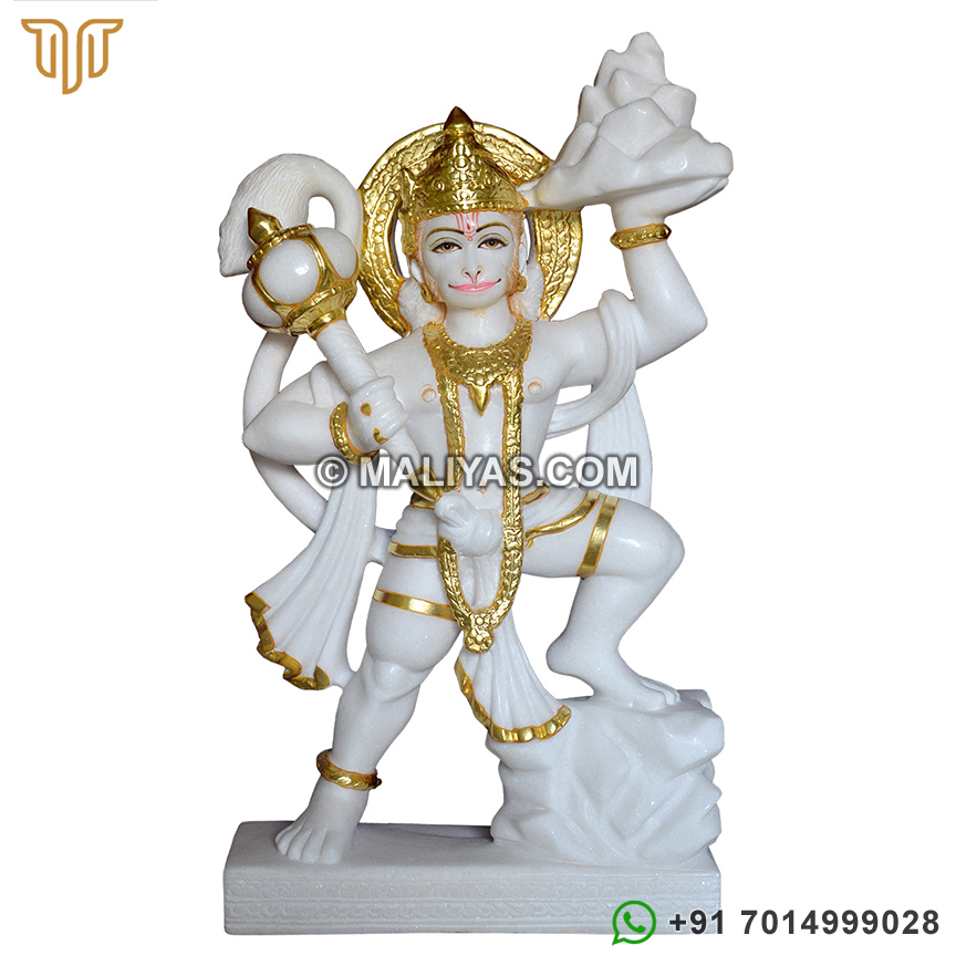 Golden Work White Marble Hanuman Murti Online Purchase