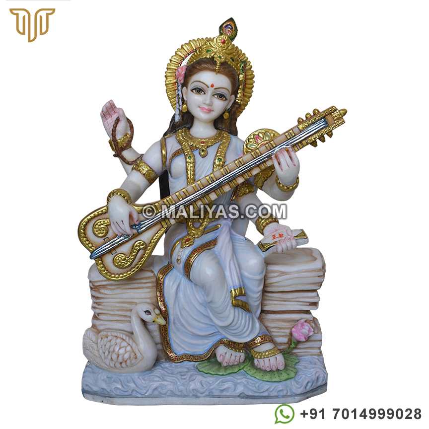 Hand carved marble Saraswati Statue for temple