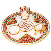 Marble puja thali with ganesh and deyas