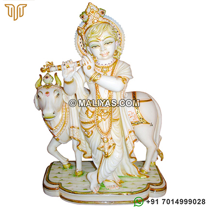 Marble Krishna Standing with Cow