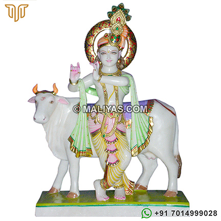 Marble Krishna Statue with Cow Carved in Marble
