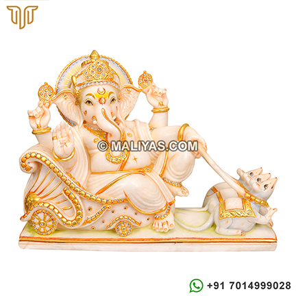 Marble Lord Ganesha Sitting on Chariot and Mouse