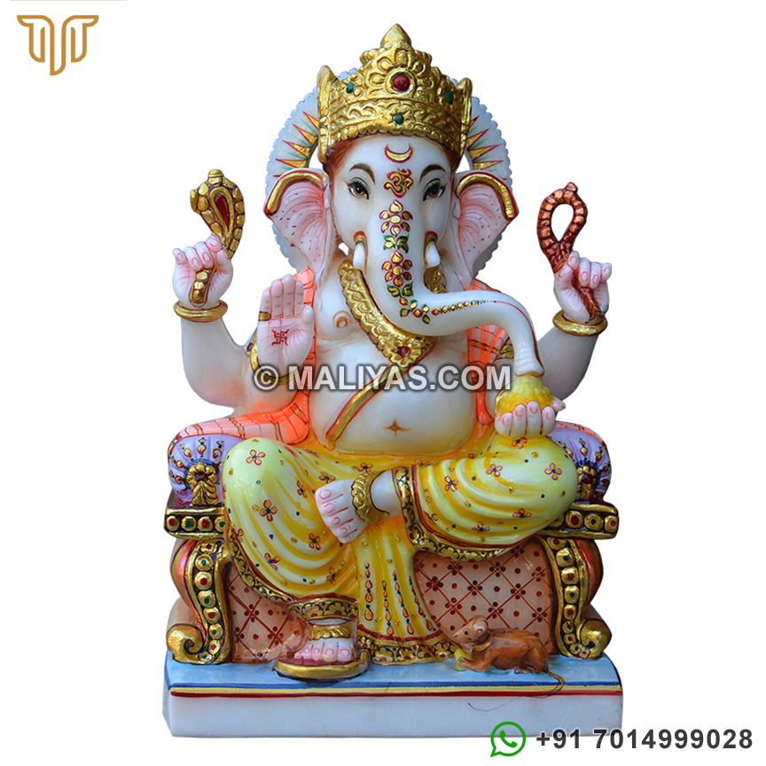 Multicolor Marble Sitting Ganesha Statue