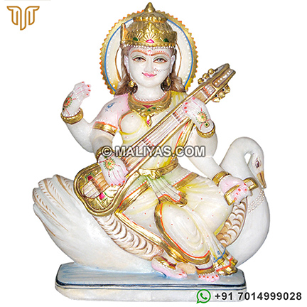 Seated Saraswati Statue Playing the Veena