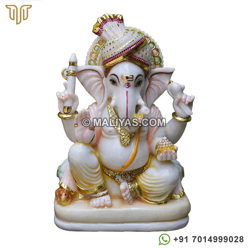 White Marble Ganapathi Statue with real gold plating