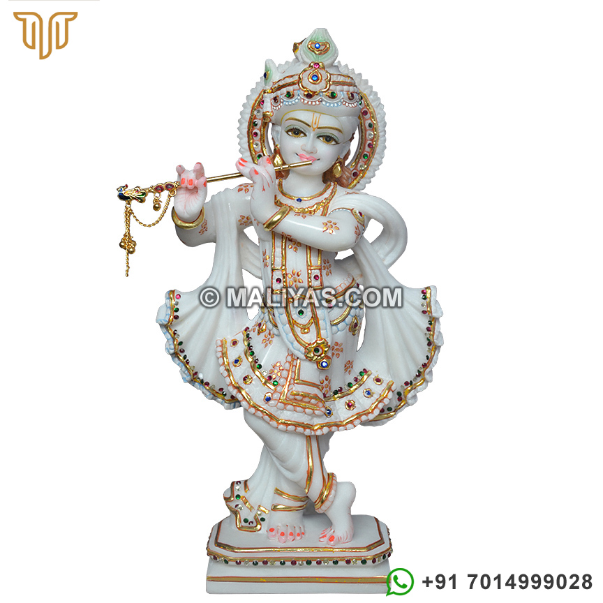 White Marble Goldenwork Lord Krishna Statue