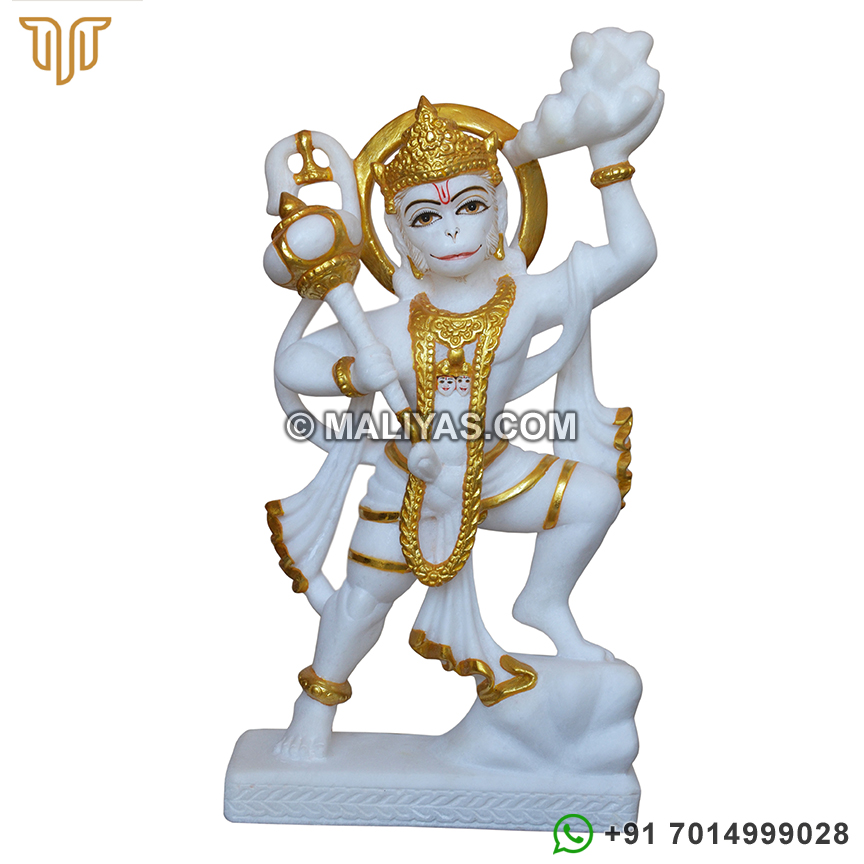 White Marble Hanuman Statue carrying Mountain with Gold work