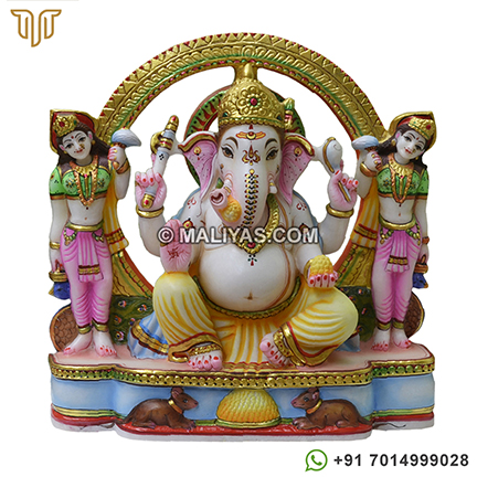 Colourful Ganesh Ji With Ridhi Sidhi marble Statue