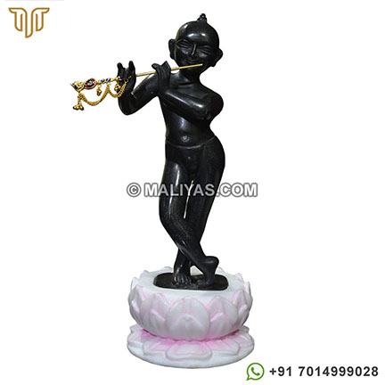 Exquisite Iskcon Black Marble Shri Krishna Statue With Lotus