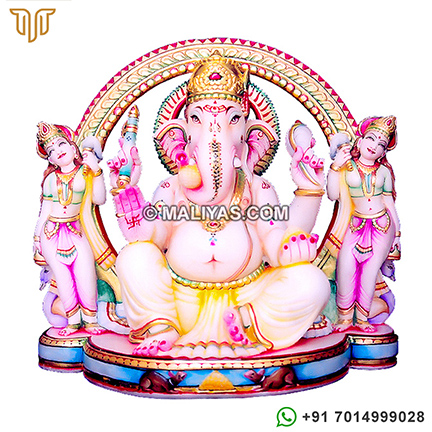 Marble Ganesha With Riddhi Siddhi Murti