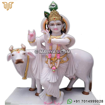 Marble Krishna Statue with Cow Carved out in Marble