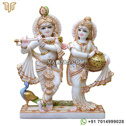 Marble Lord Radha Krishna statue with peacock