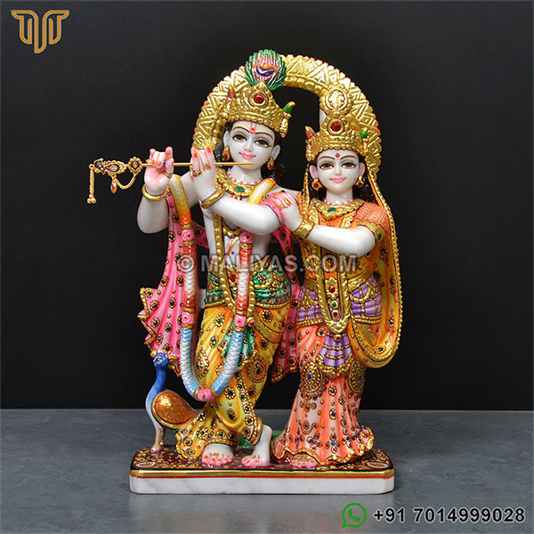 Marble Radha Krishna Statue with color painting work