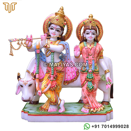 Marble Radha Krishna statue with Cow