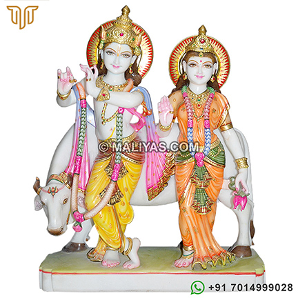 Marble Radha Krishna statue with Cow Murti