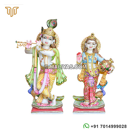 Marble Radha Krishna statue with painting