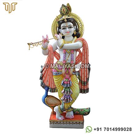 Standing Colored krishna statue with peacock from Marble