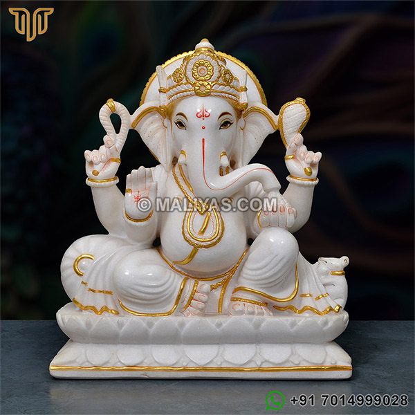 White And Gold Work Jaipur Marble Ganpati Statue
