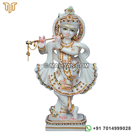 White Marble Goldenwork Lord Krishna Statue